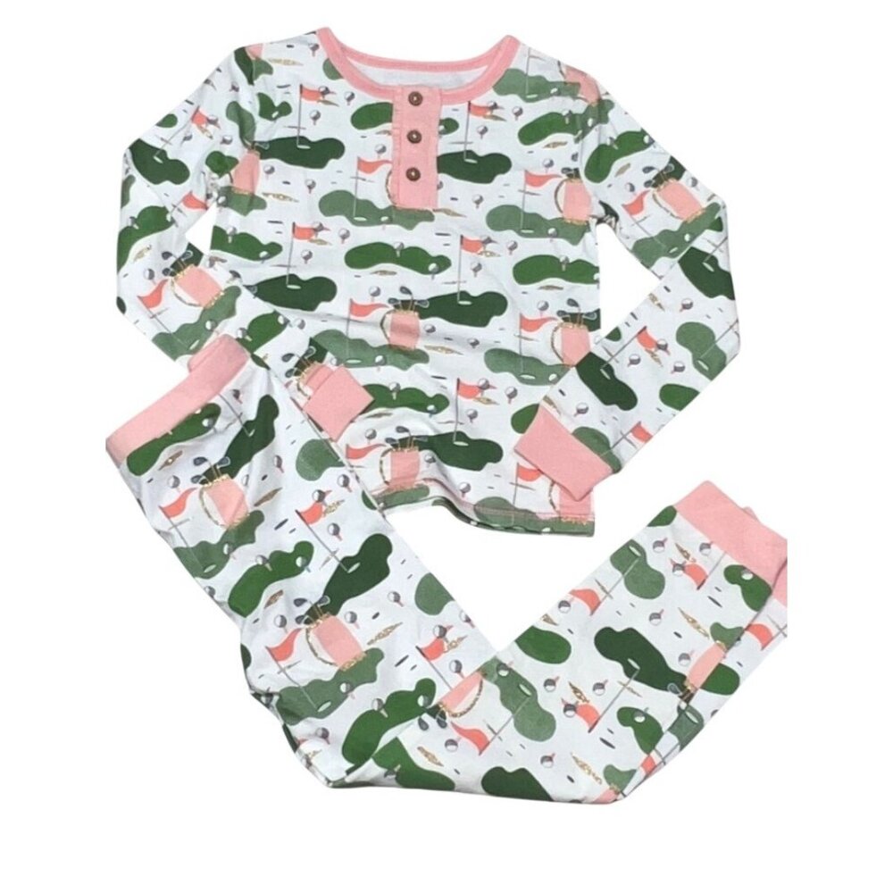 Mud Pie 5T PINK GOLF PAJAMAS 2pc pants PJs glitter NWT Master's green long sleev